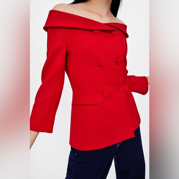 Zara Jackets & Coats Zara Red Fitted Blazer With Open Neckline